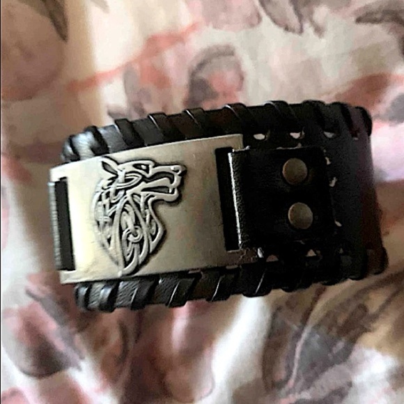 LEATHER WOLF HEAD VIKING STAINLESS STEEL BRACELET - Picture 4 of 8